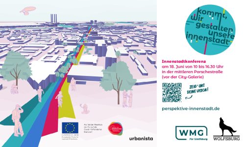 Am 18. Juni findet eine Innenstadtkonferenz in der Wolfsburger Innenstadt statt. Das Bild zeigt das Werbemotiv.