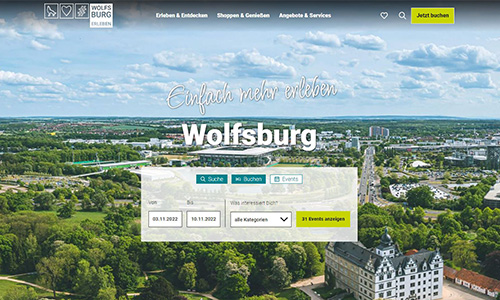 Neues "Wolfsburg erleben"-Portal ab sofort online. Das Bild zeigt einen Screenshot der Startseite des Erlebnisportals.