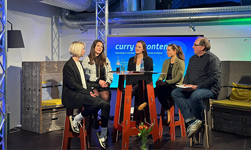 Curry & Content: Netzwerkabend für lokale Gründerszene, v. l. Influencerinnen Vanessa und Madeleine, Nadine Wolters, Melanie Bergmann und Christian Cordes (Schiller40 Coworking Space)